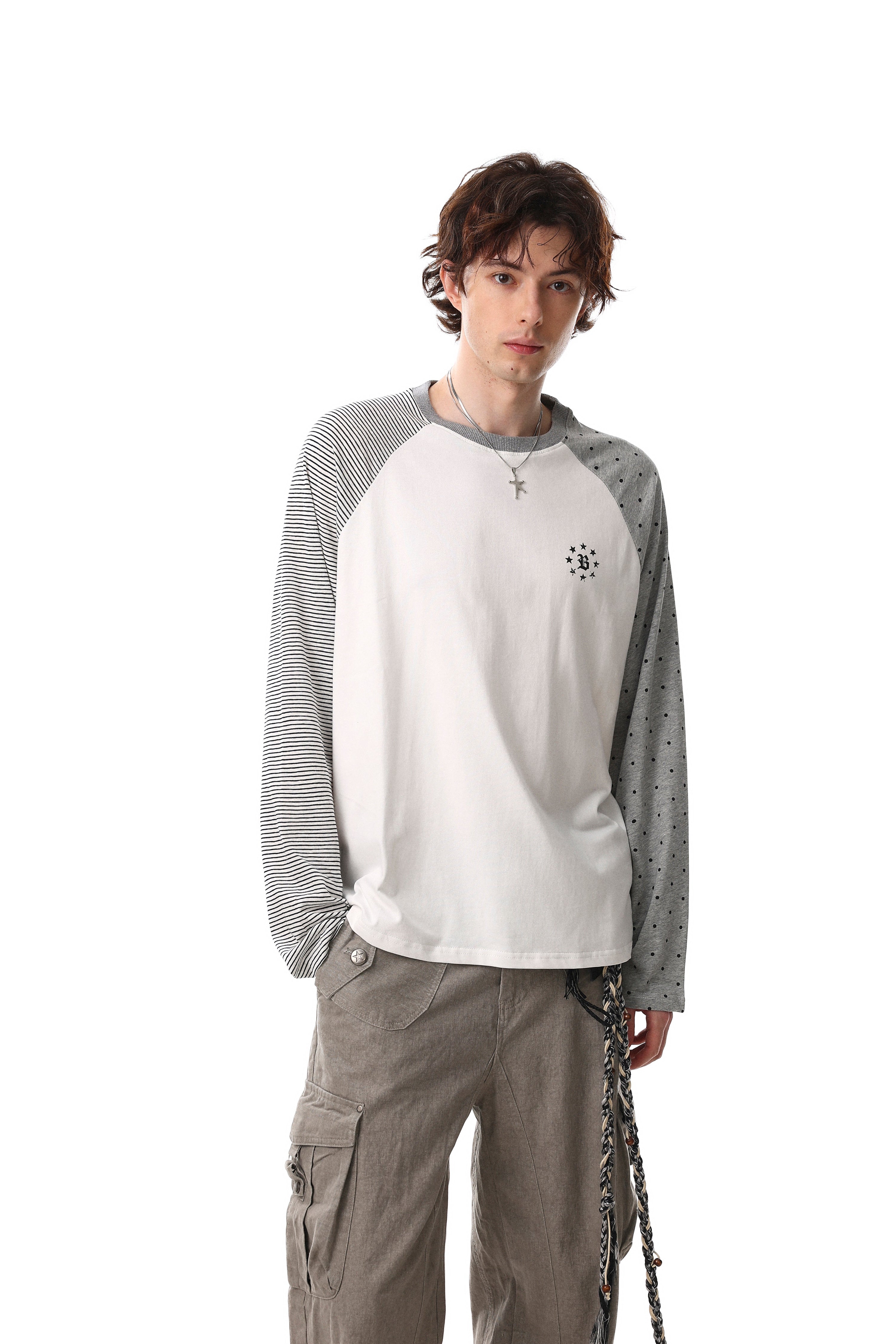Contrast Sleeve Raglan Long Sleeve Tee | Mixed Pattern Cotton