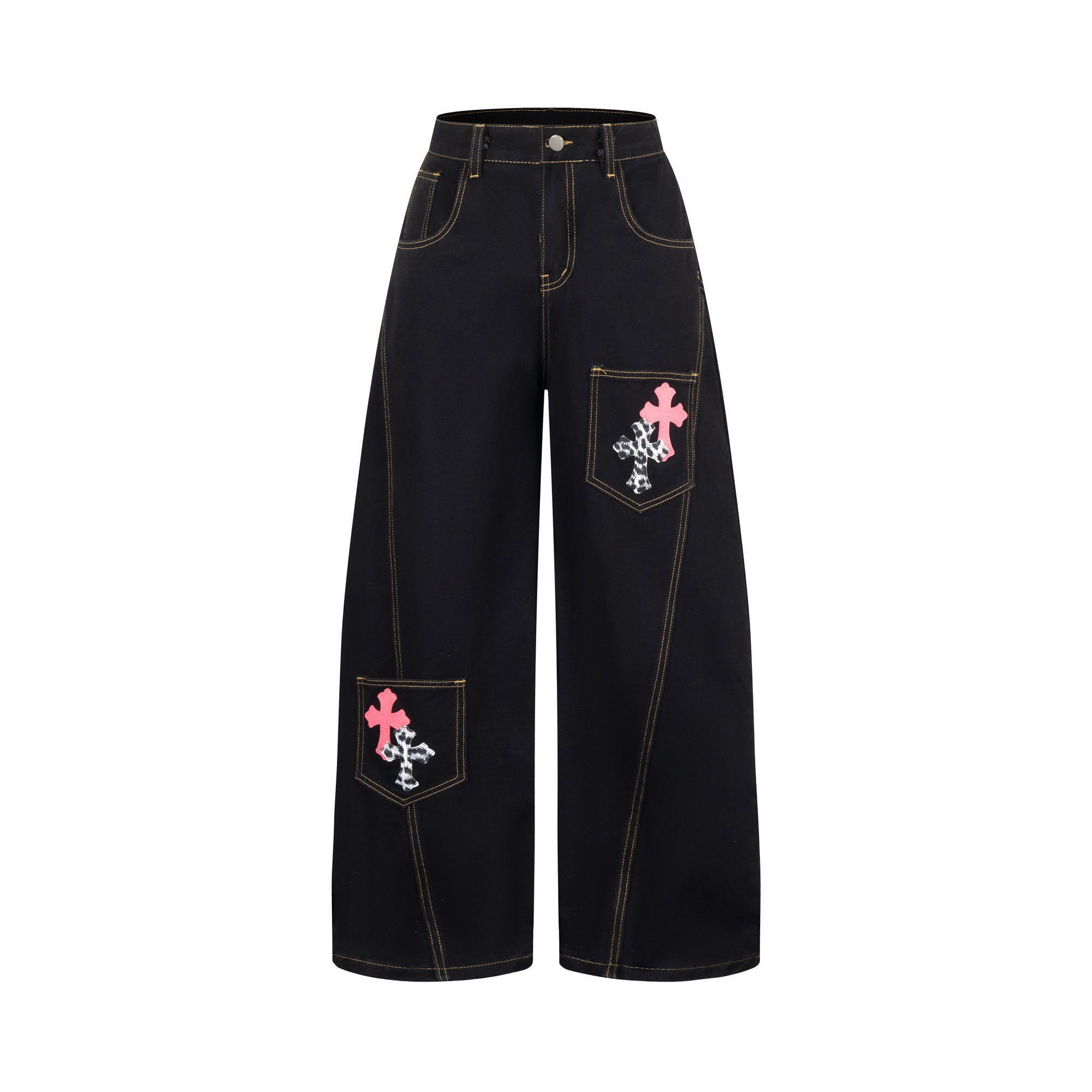 Gothic Cross Wide-Leg Jeans | Black Denim with Cross Patches