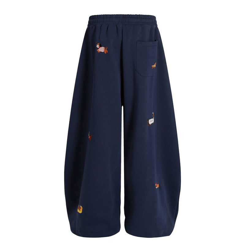 Embroidered Dog Motif Wide-Leg Sweatpants | Omirad