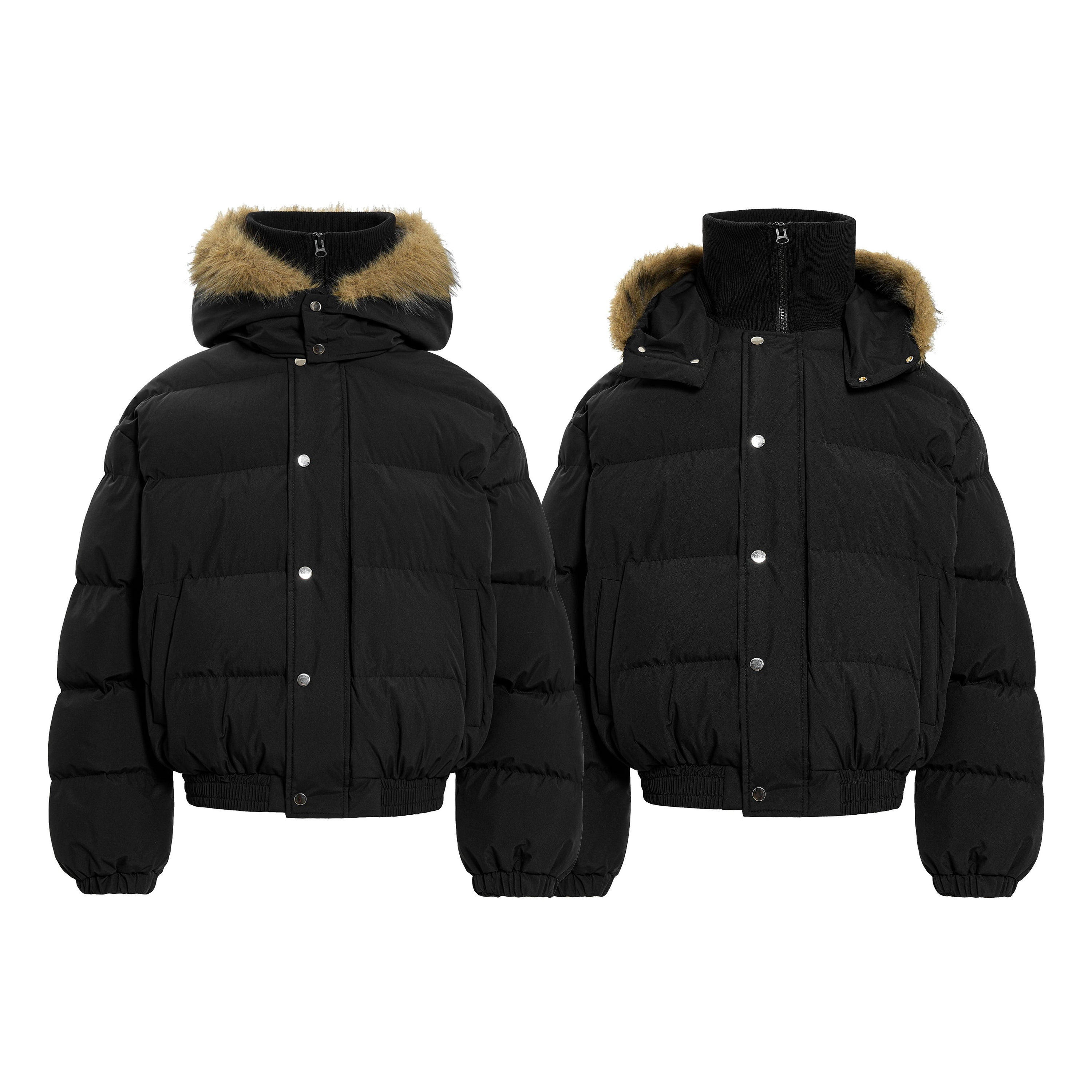 Black puffer jacket with faux fur trimmed hood shown from front and back, featuring snap-button closure and ribbed cuffs