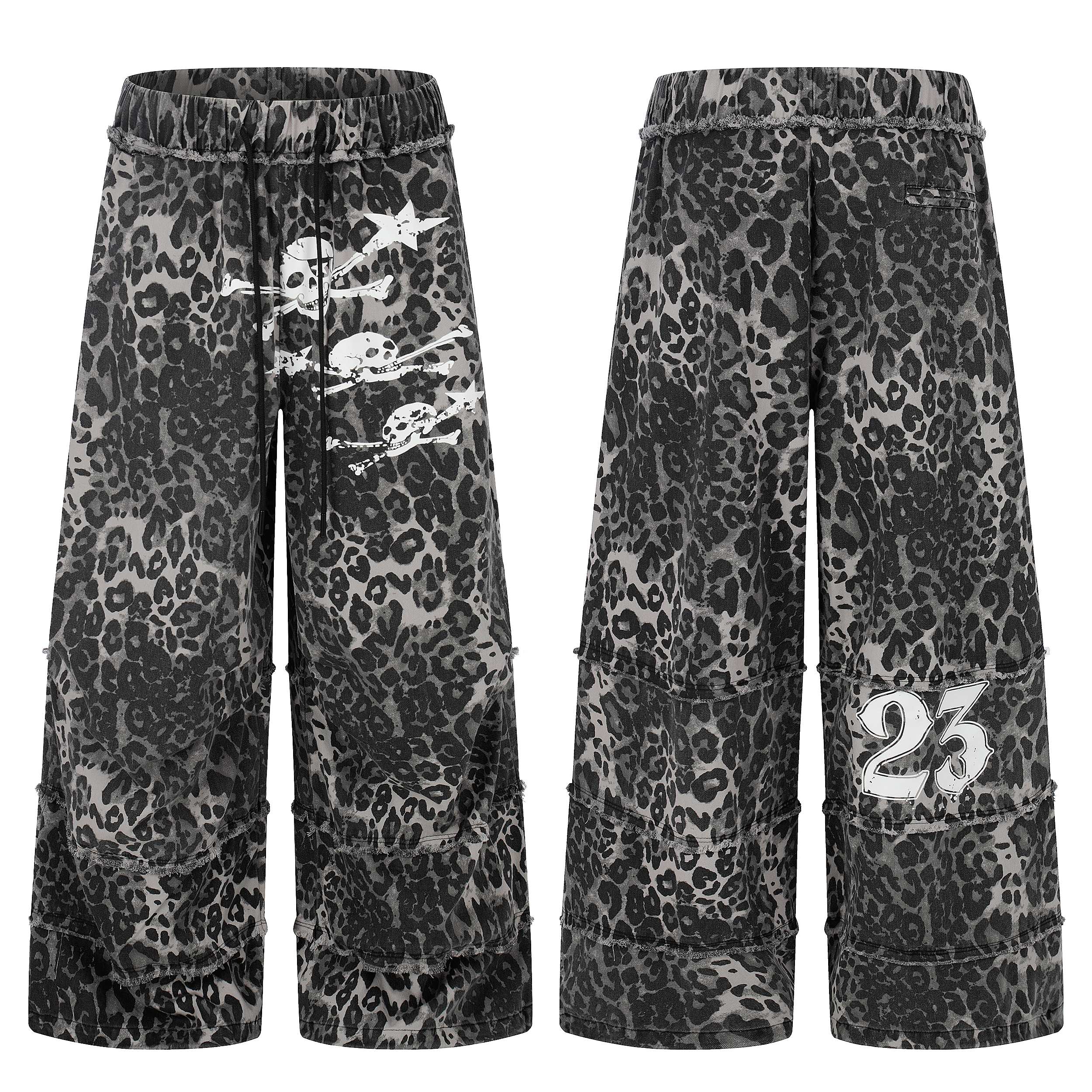 Front and back view of grey leopard print wide-leg pants with skull graphic and number 23 print