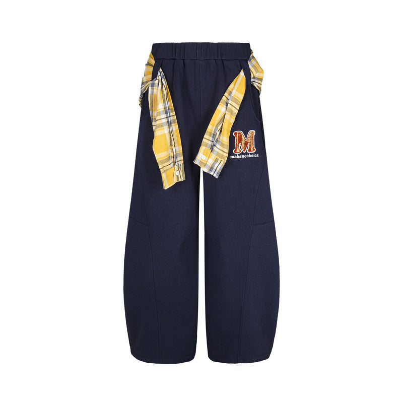 Plaid-Tied Wide-Leg Sweatpants with Chenille Patch | Makenochoice