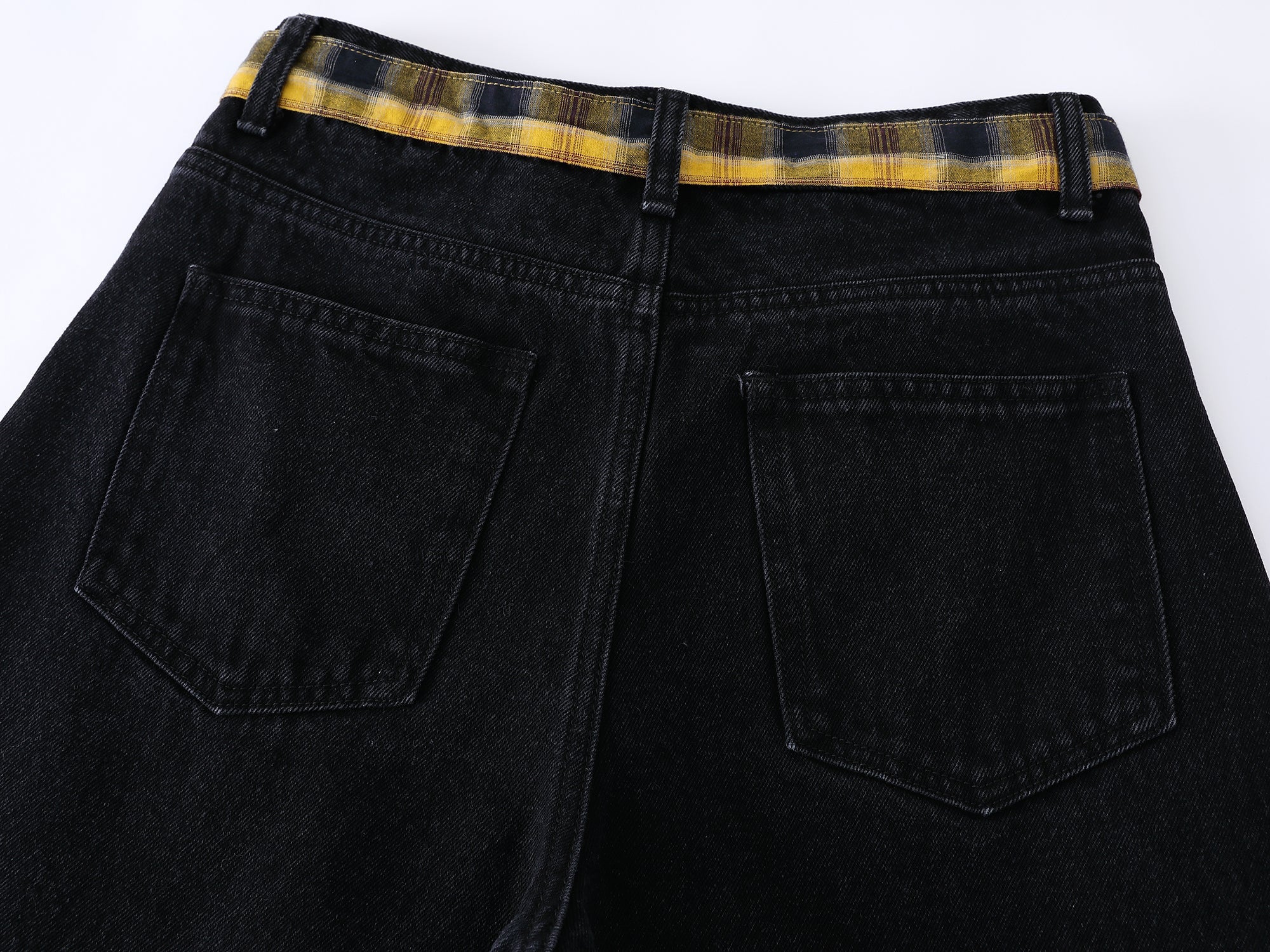 Embroidered Wide-Leg Jeans with Detachable Plaid Belt