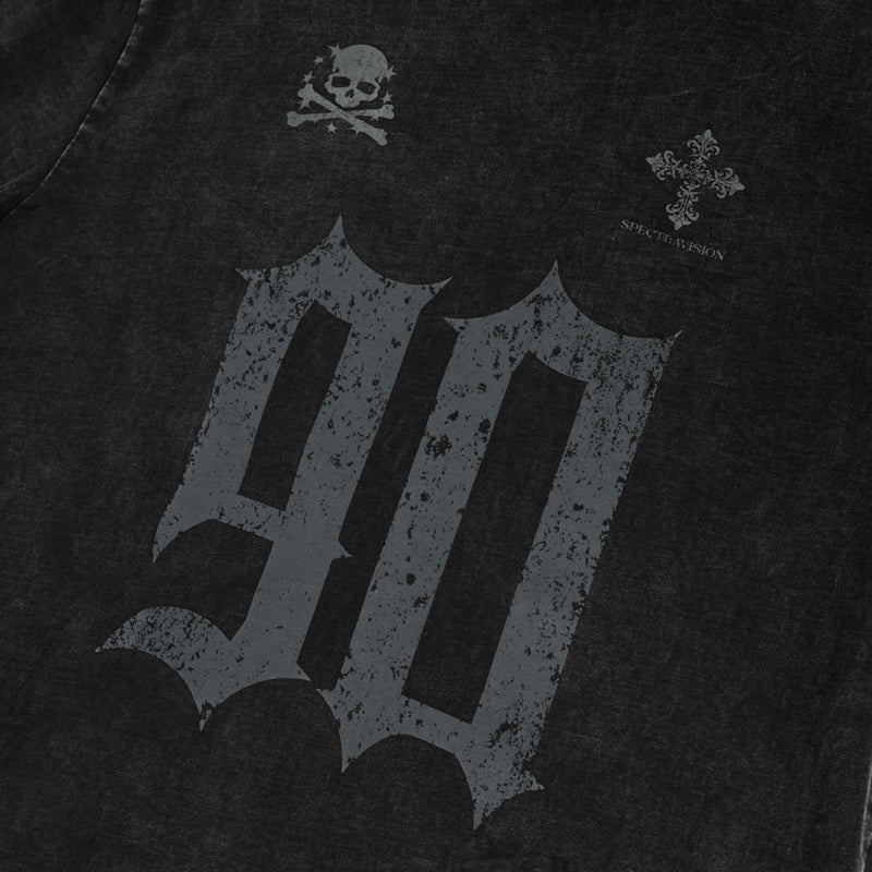 Black distressed gothic graphic T-shirt with a faded skull, ornate cross, and large Old English-style lettering on the chest