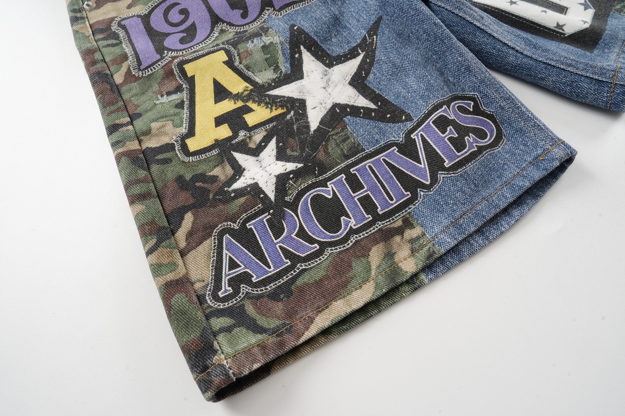 Camo Patch Denim Jorts | Y2K Varsity Streetwear Shorts