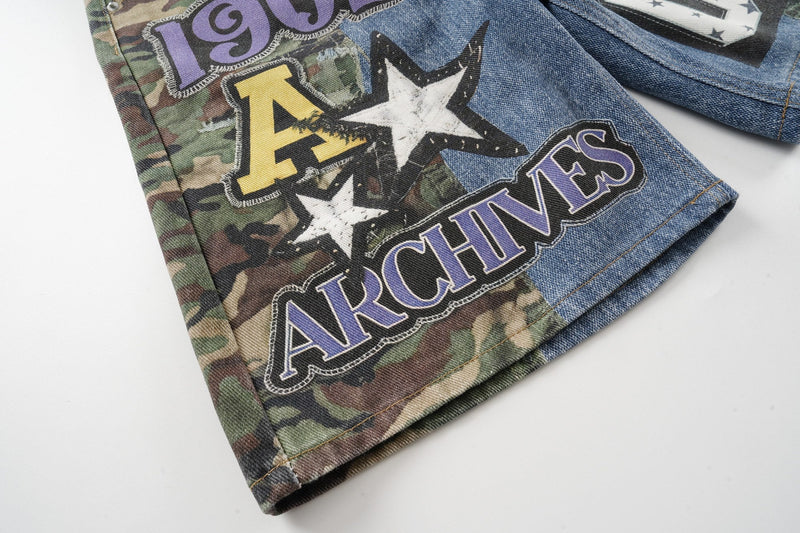 Close-up of camo and denim side panel with ARCHIVES lettering and star graphic