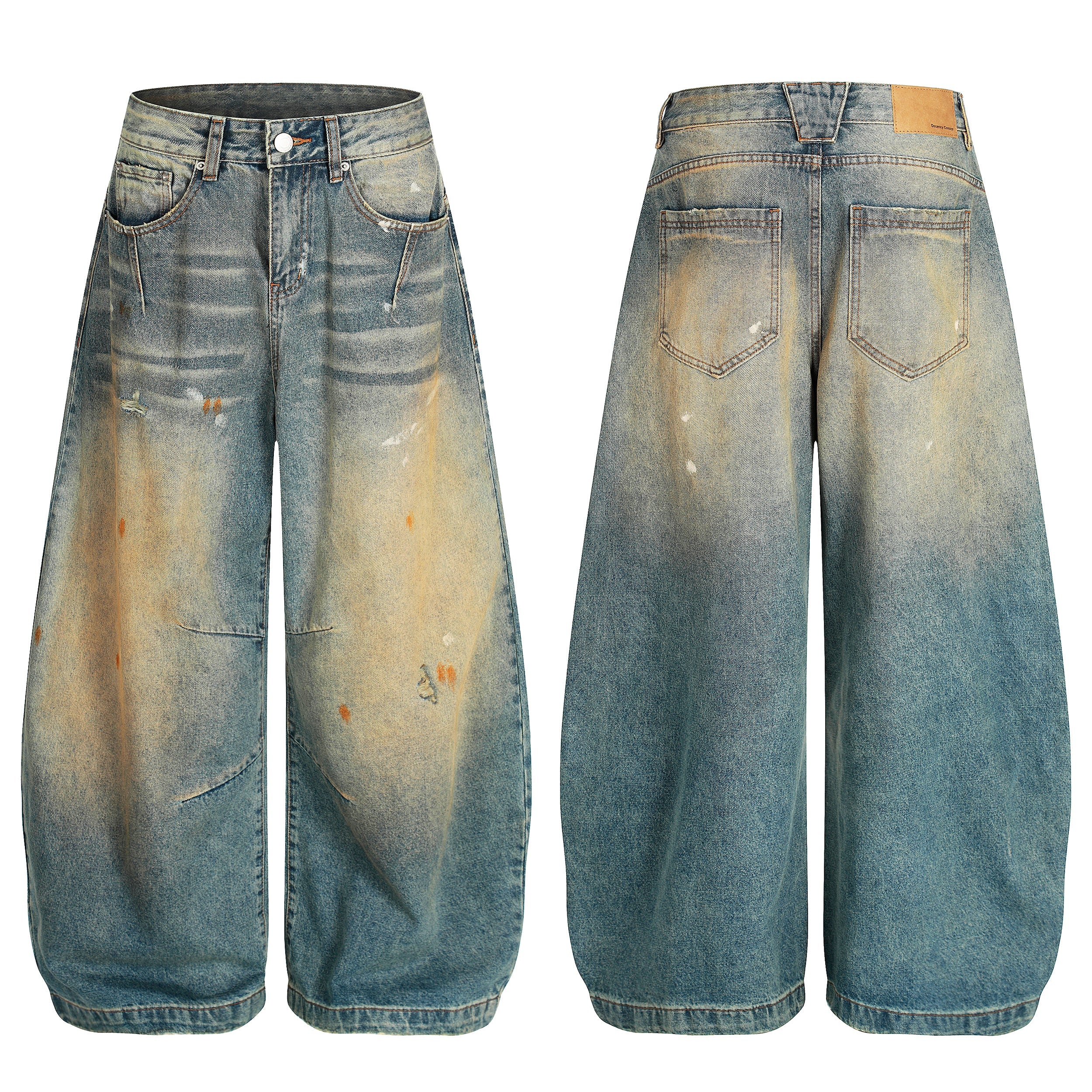 Front and back view of sun-faded wide-leg jeans with gradient amber wash, paint splashes, and distressed detailing