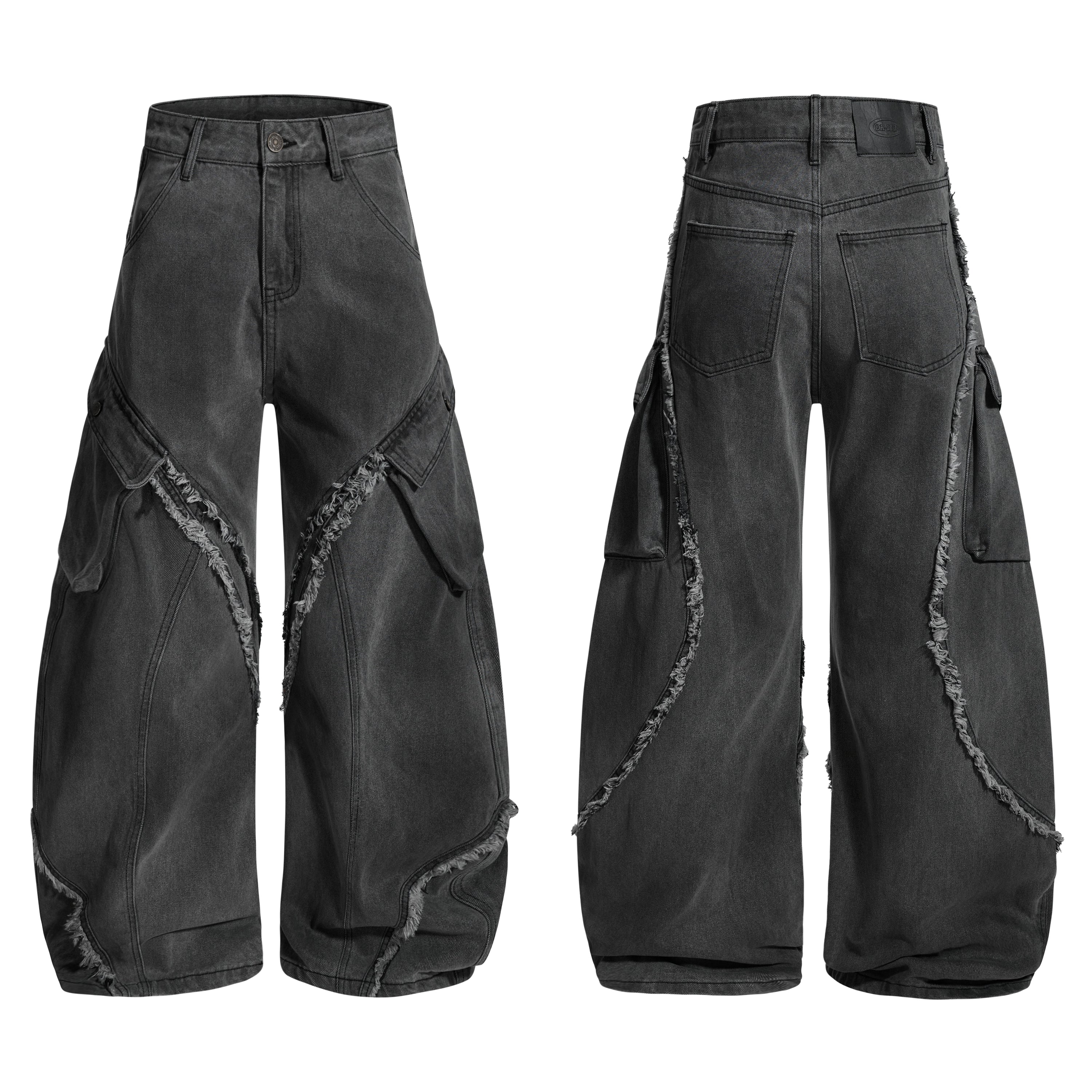 Front and back view of dark grey washed wide-leg cargo jeans with frayed curved panel seams and oversized pockets