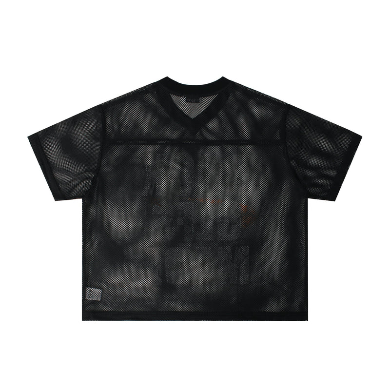Black oversized mesh football jersey with V-neck and loose short sleeves on a white background