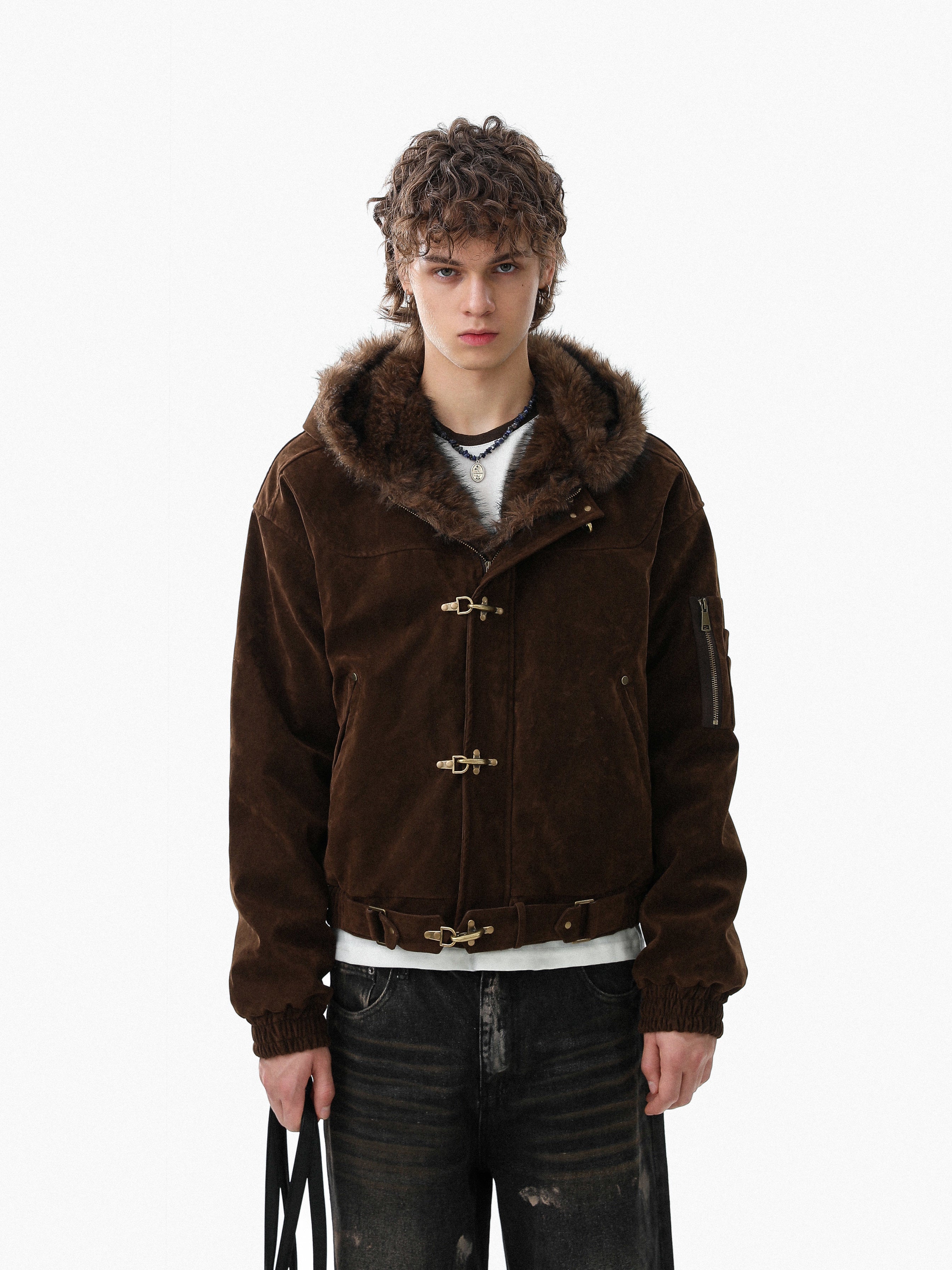 Omirad Faux Suede Fur-Lined Hooded Bomber Jacket