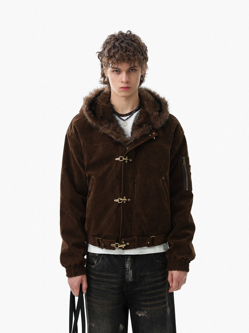 Omirad Faux Suede Fur-Lined Hooded Bomber Jacket