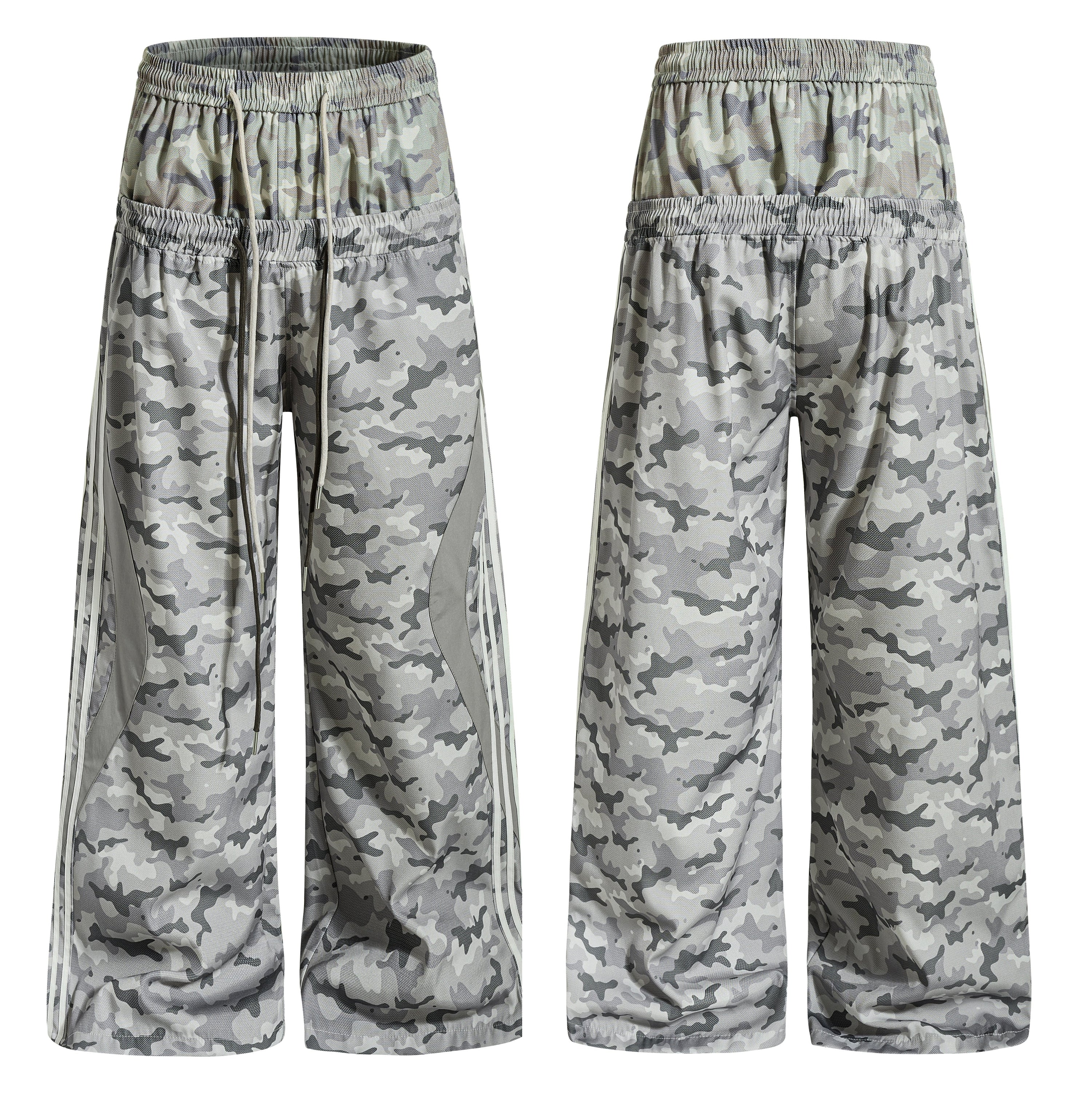 Front and back view of grey camouflage wide-leg mesh track pants with side stripe panels and elastic drawstring waistband