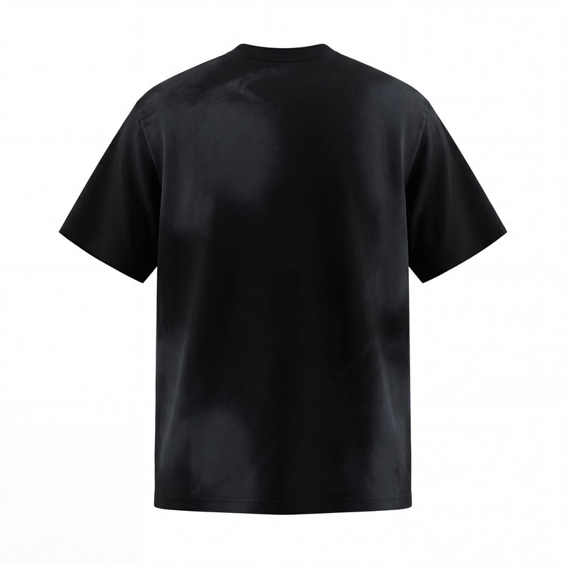 Black washed distressed graphic tee with oversized fit and subtle faded streetwear texture, back view on white background