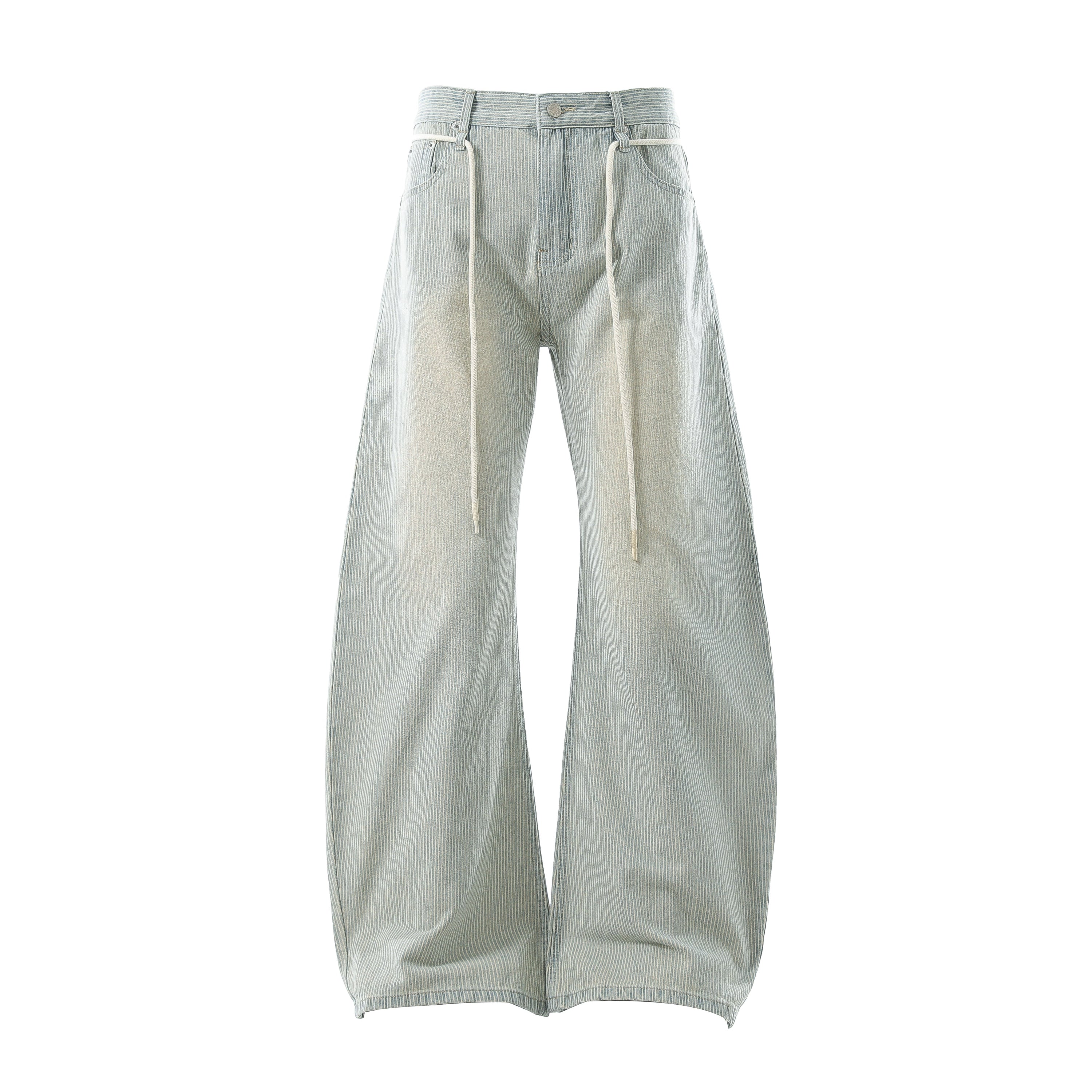 Washed Stripe Wide-Leg Denim Pants with Drawstring Waist