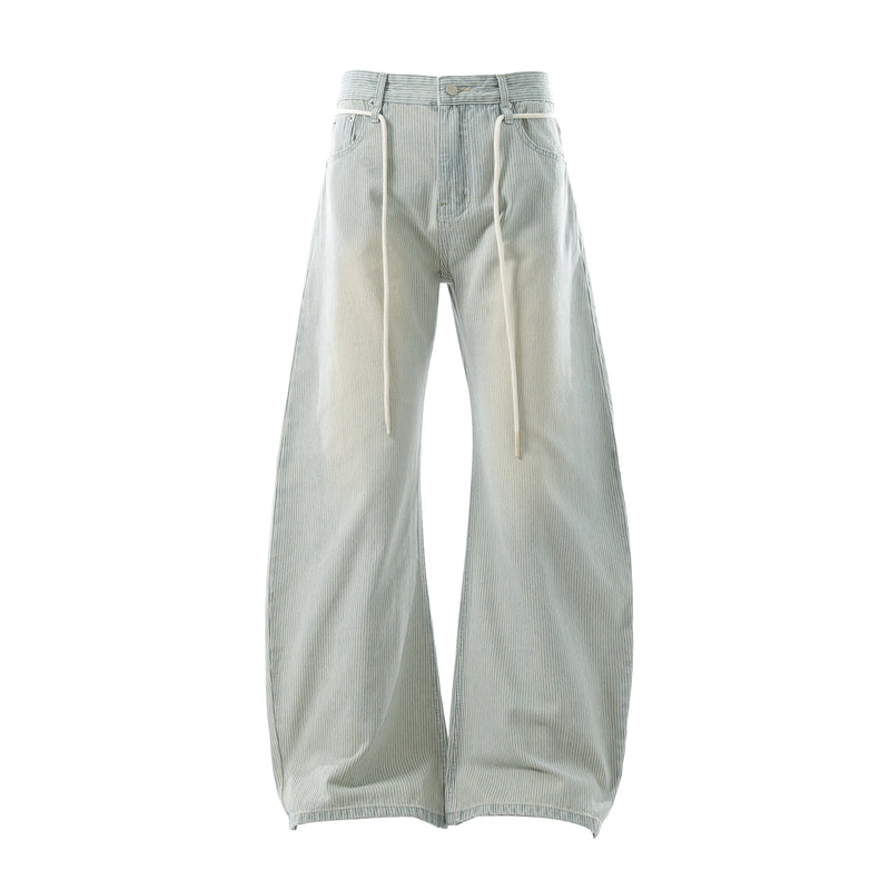 Front view of light wash striped wide-leg denim pants with drawstring waist