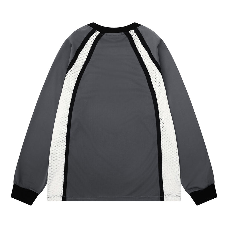 Back view of gray long sleeve football top with white mesh side panels and black collar