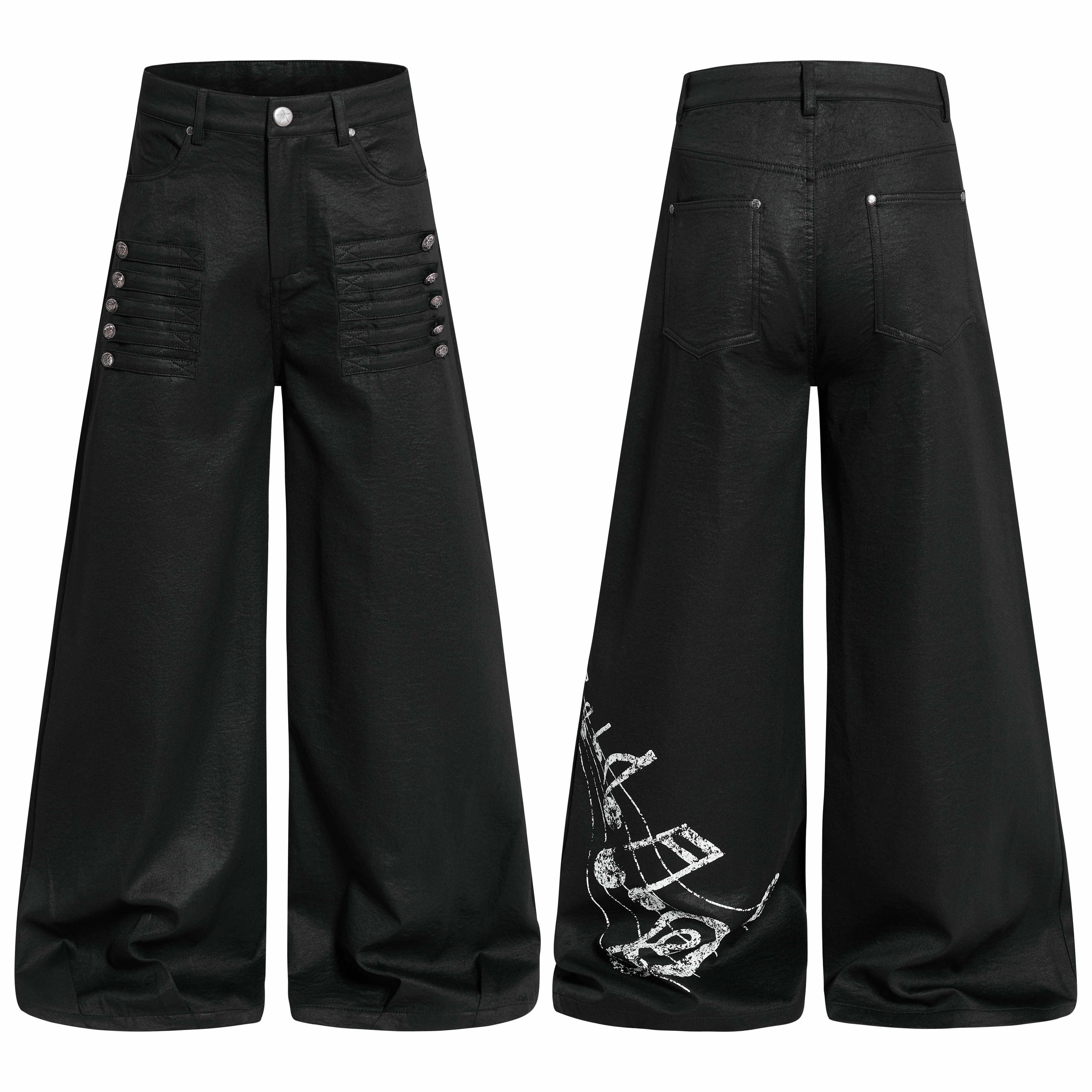 Front and back view of black gothic wide-leg pants with silver button detailing and white graphic print on back leg