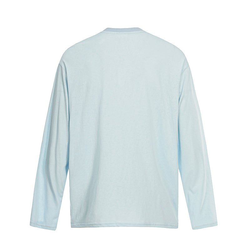 Back view of light blue long sleeve tee with plain solid back