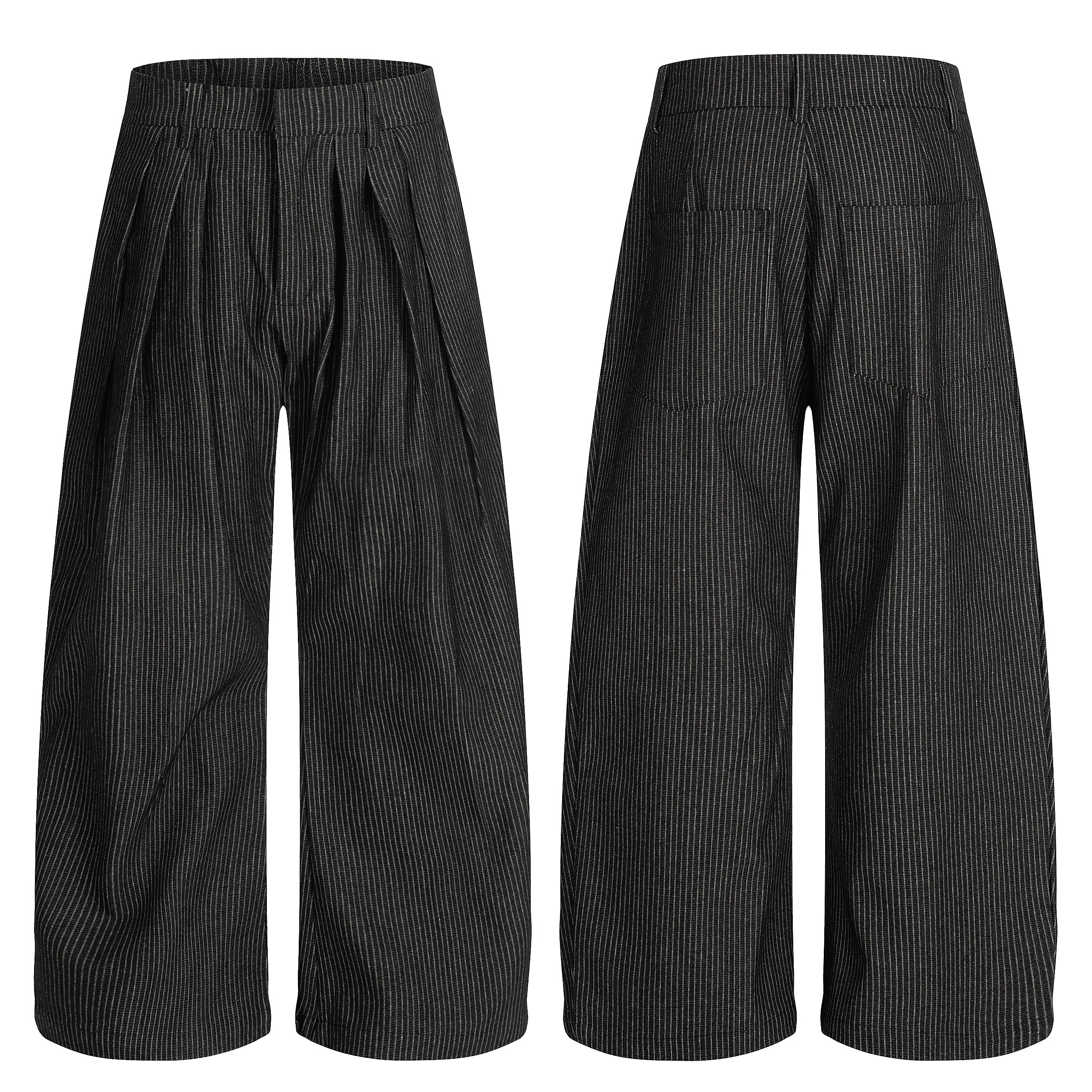 Black pinstripe wide-leg pleated trousers shown from front and back on a white background