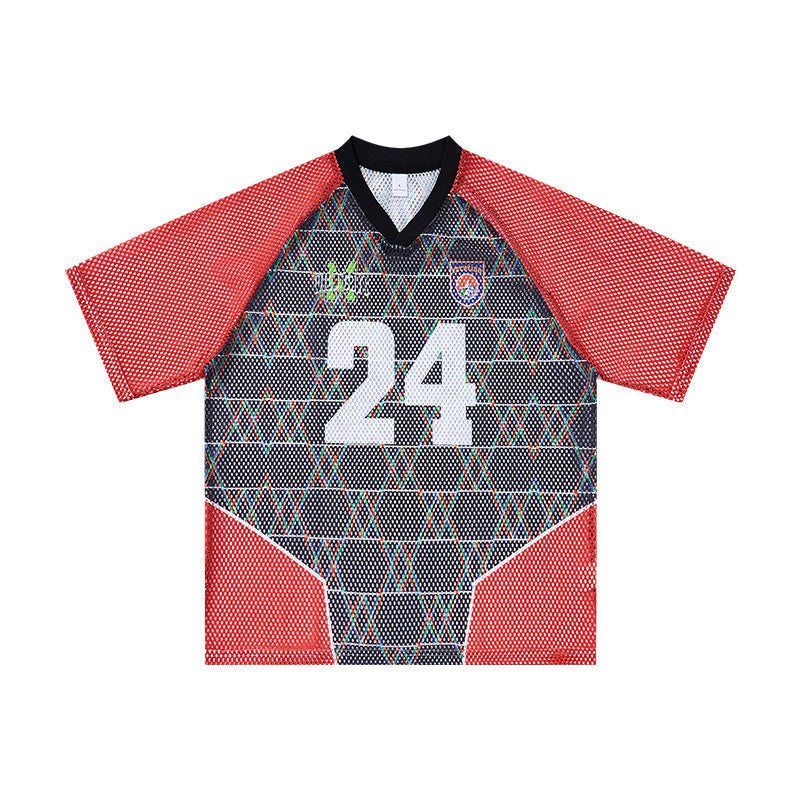 Omirad Varsity 24 mesh jersey t-shirt with red contrast sleeves, black patterned body, and white number 24 graphic on front