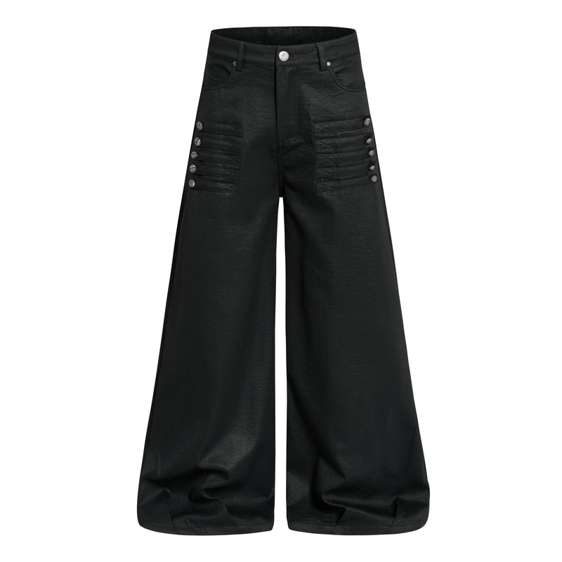 Black wide-leg pants with front button, curved pockets, and layered cargo-style side details