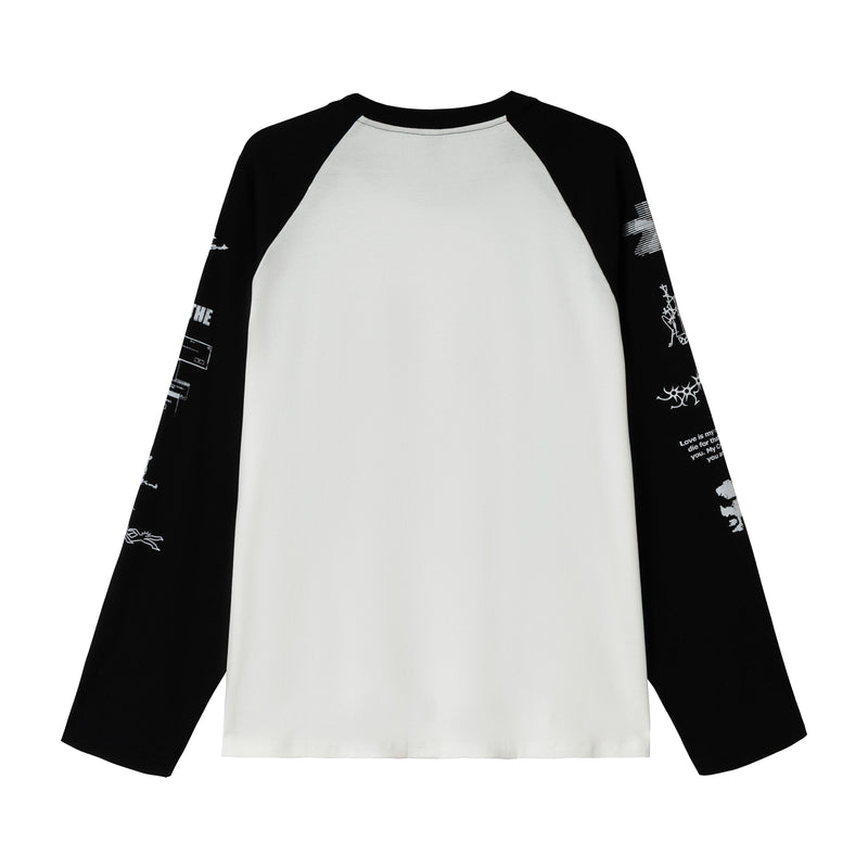 Back of white raglan long-sleeve T-shirt with black sleeves and printed sleeve graphics