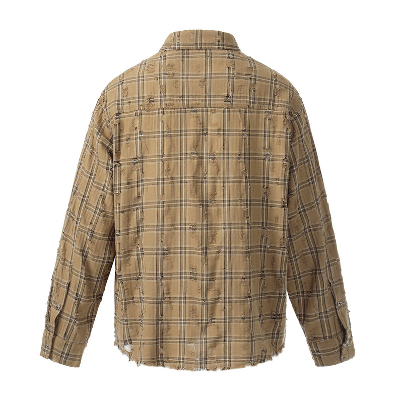 Back view of tan plaid flannel overshirt with distressed fabric and frayed hem