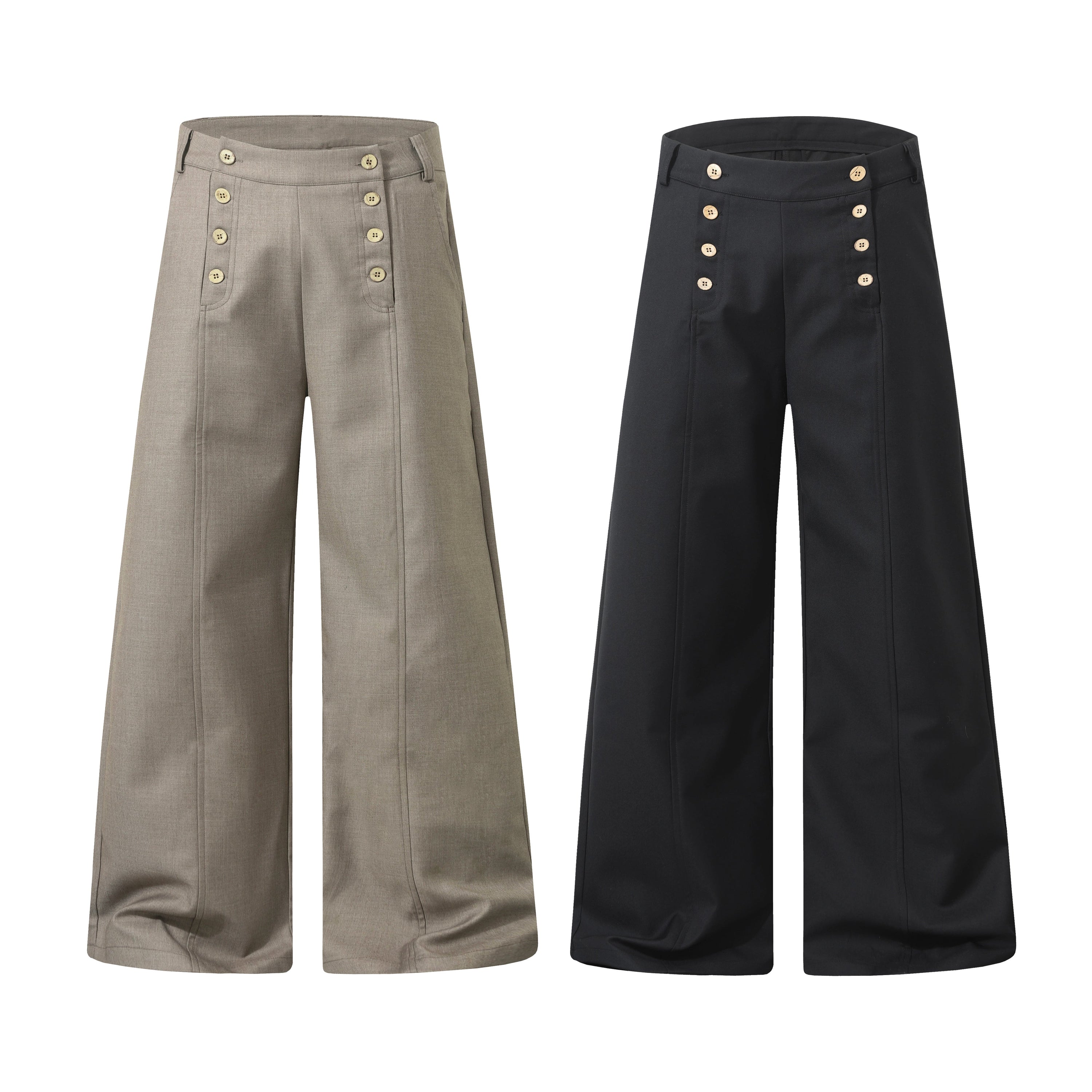 Wide-leg button-front trousers in taupe and black with double-row decorative buttons and center seam detail
