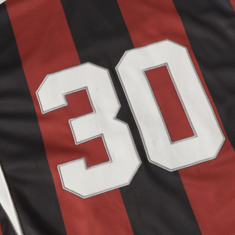 Retro black and red vertical stripe soccer jersey tee with large white number 30 graphic