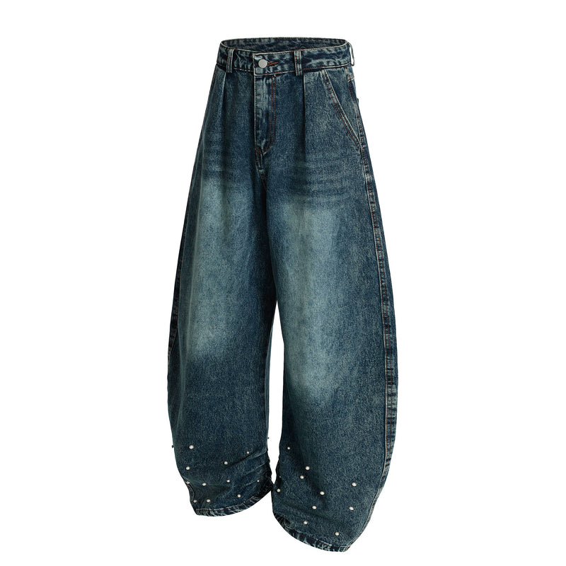 Pearl-Stud Barrel Jeans | Vintage Wash Wide-Leg Denim