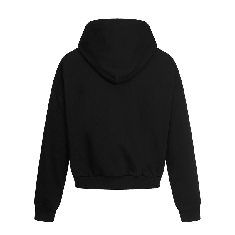 Black hoodie back view with plain hood and ribbed hem