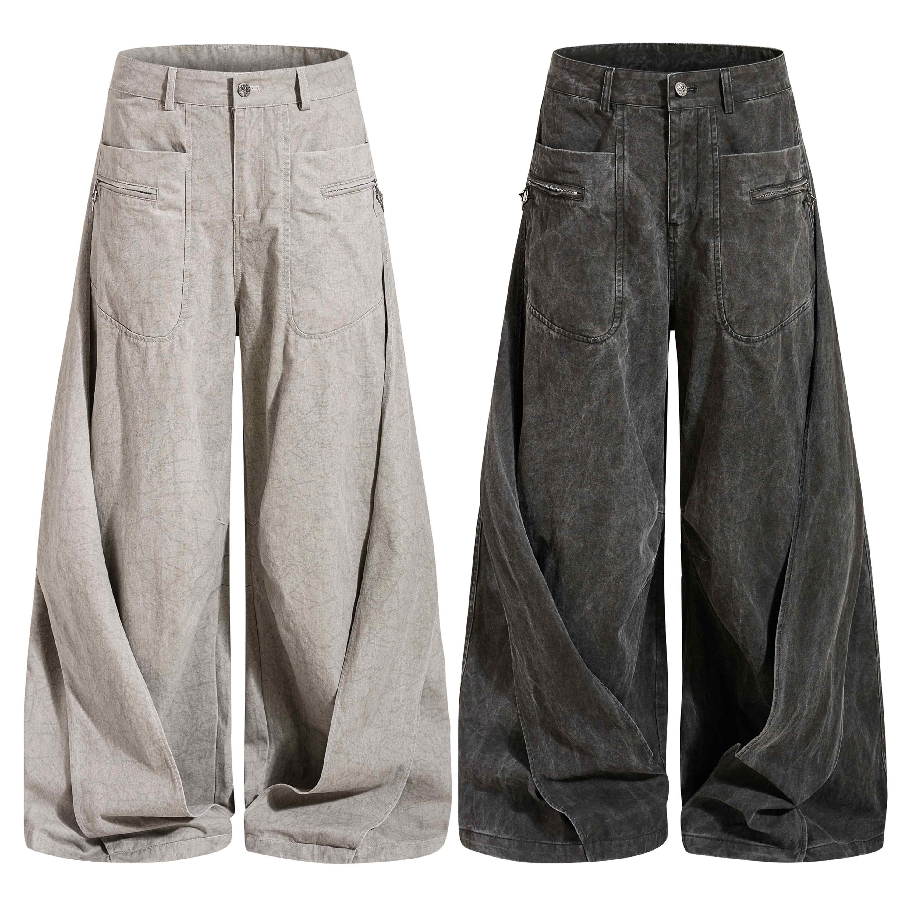 Omirad washed balloon-leg denim jeans in light grey and dark charcoal, front view showing wide-leg silhouette and zipper pock