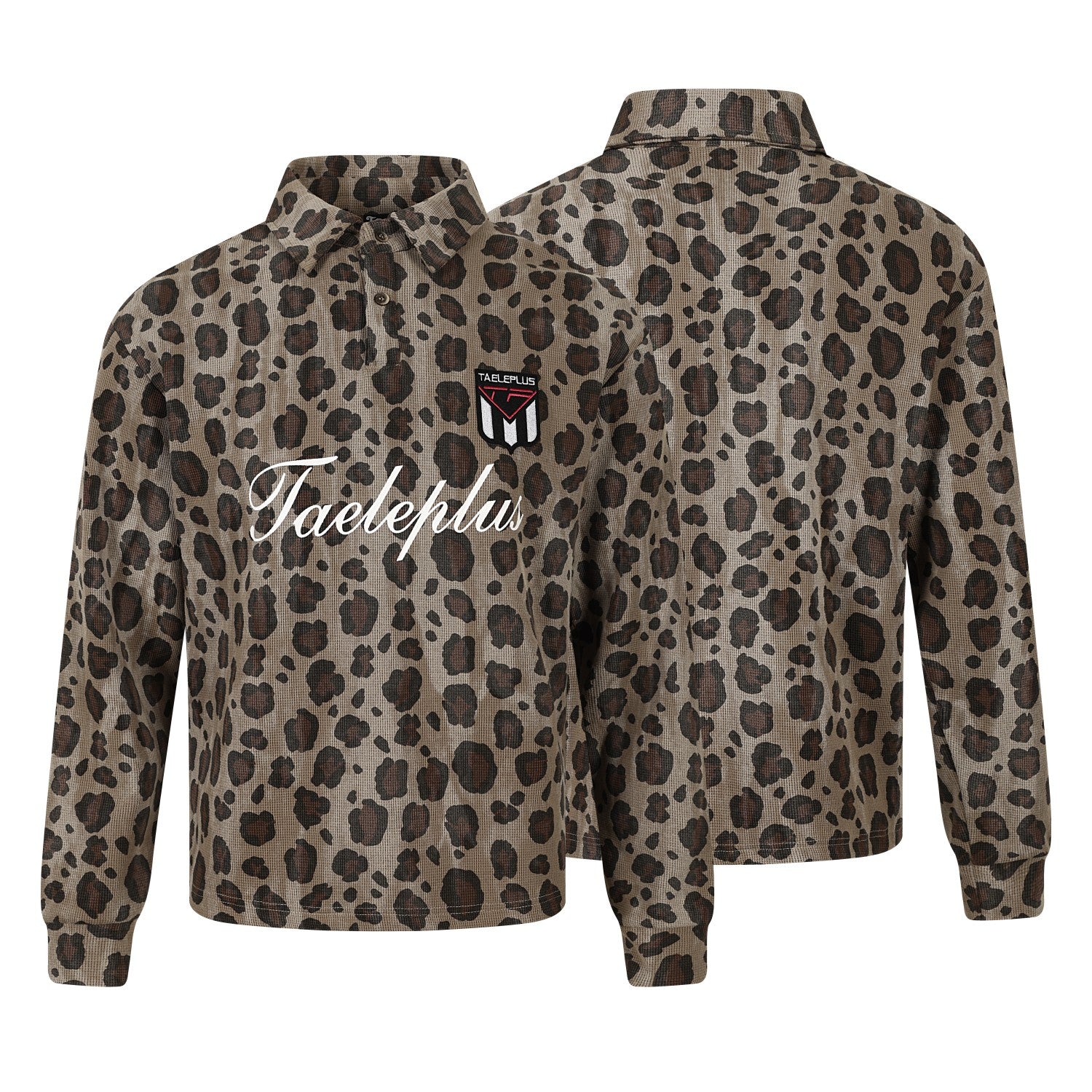 Taeleplus all-over leopard print long sleeve polo shirt front and back view with embroidered chest patch and script logo