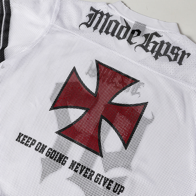 White mesh football jersey with red Gothic cross, black Old English lettering, and number 97 streetwear style