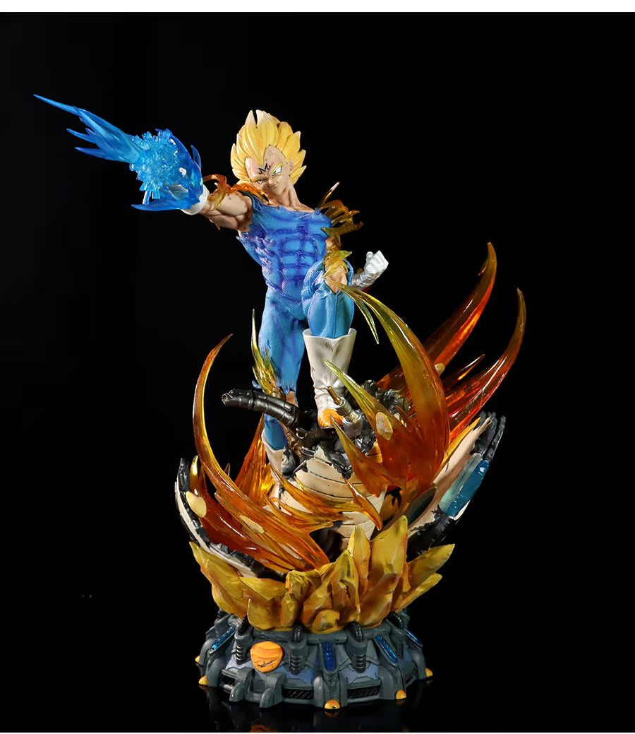 The Seakoff Vegeta Super Saiyan Collectible Figure (45cm) features a muscular Vegeta in a blue outfit, spiky blond hair, and rocky base. With interchangeable heads and glowing effects, he stands amid an orange aura, arm extended for a blue energy attack—a must-have Dragon Ball Z piece.