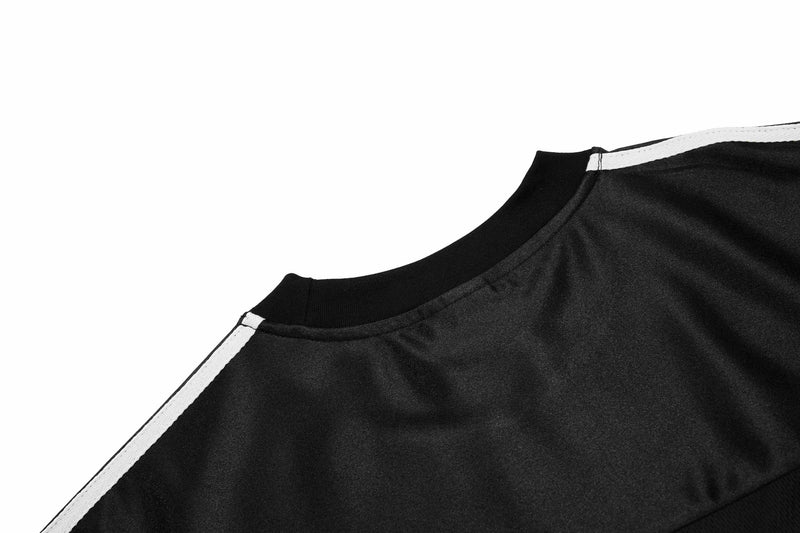 Black mesh sport tee with white shoulder stripes and ribbed crew neck in gothic streetwear style