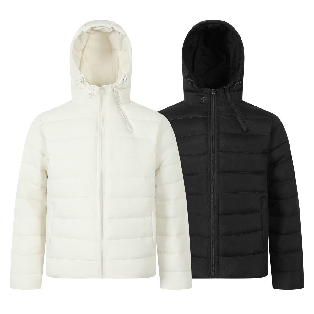 Omirad minimalist nylon puffer jacket shown in off-white and black colorways with adjustable hood and full zip closure