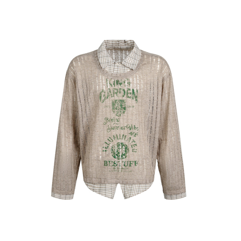 Beige sheer mesh top with green graphic print and pink plaid collar, front view