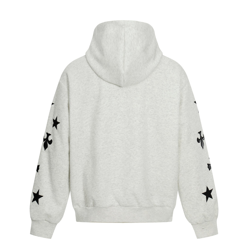 Light gray hoodie back view with hood up and black star graphics on sleeves