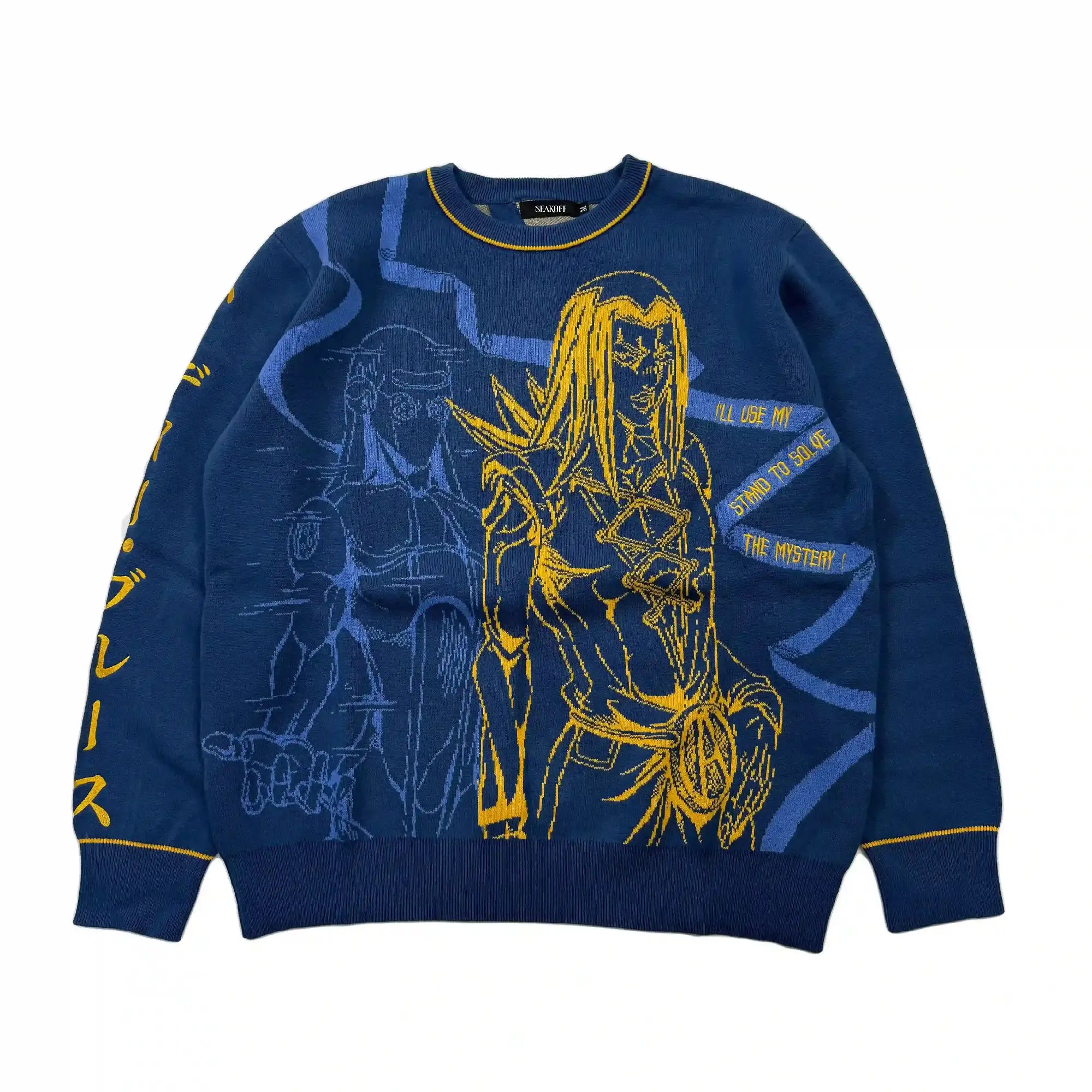 Anime Jacquard Knit Crewneck Sweater Blue Gold Lace-Up Back Graphic