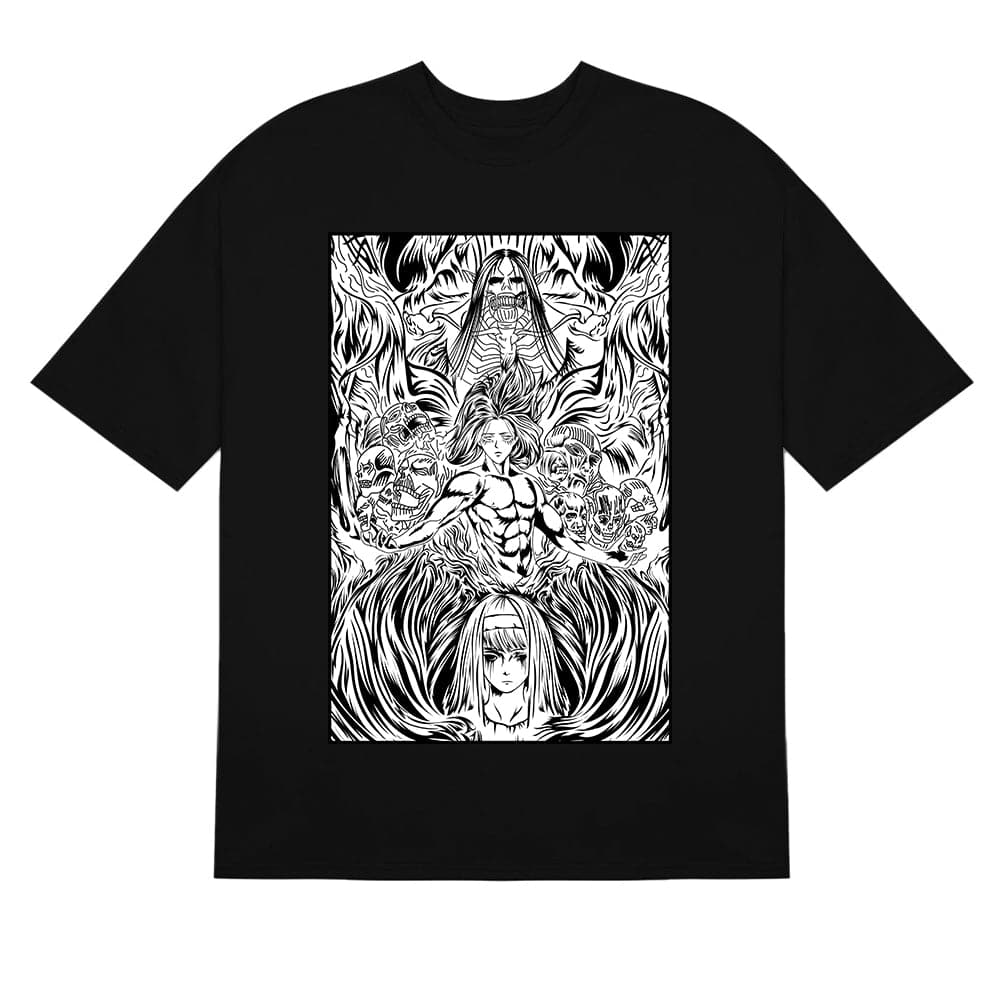 Black S Eren Yeager and Titans Black White Attack on Titan T-Shirt Epic Anime Design
