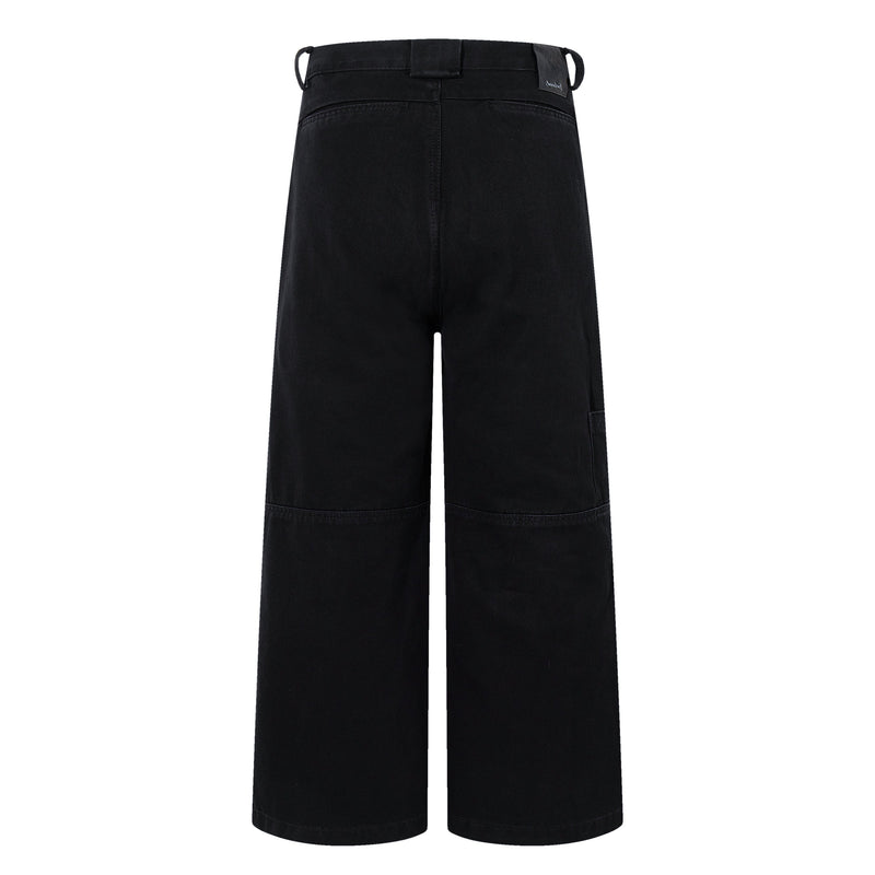 Back view of black wide-leg jeans with belt loops, rear pockets and plain hems