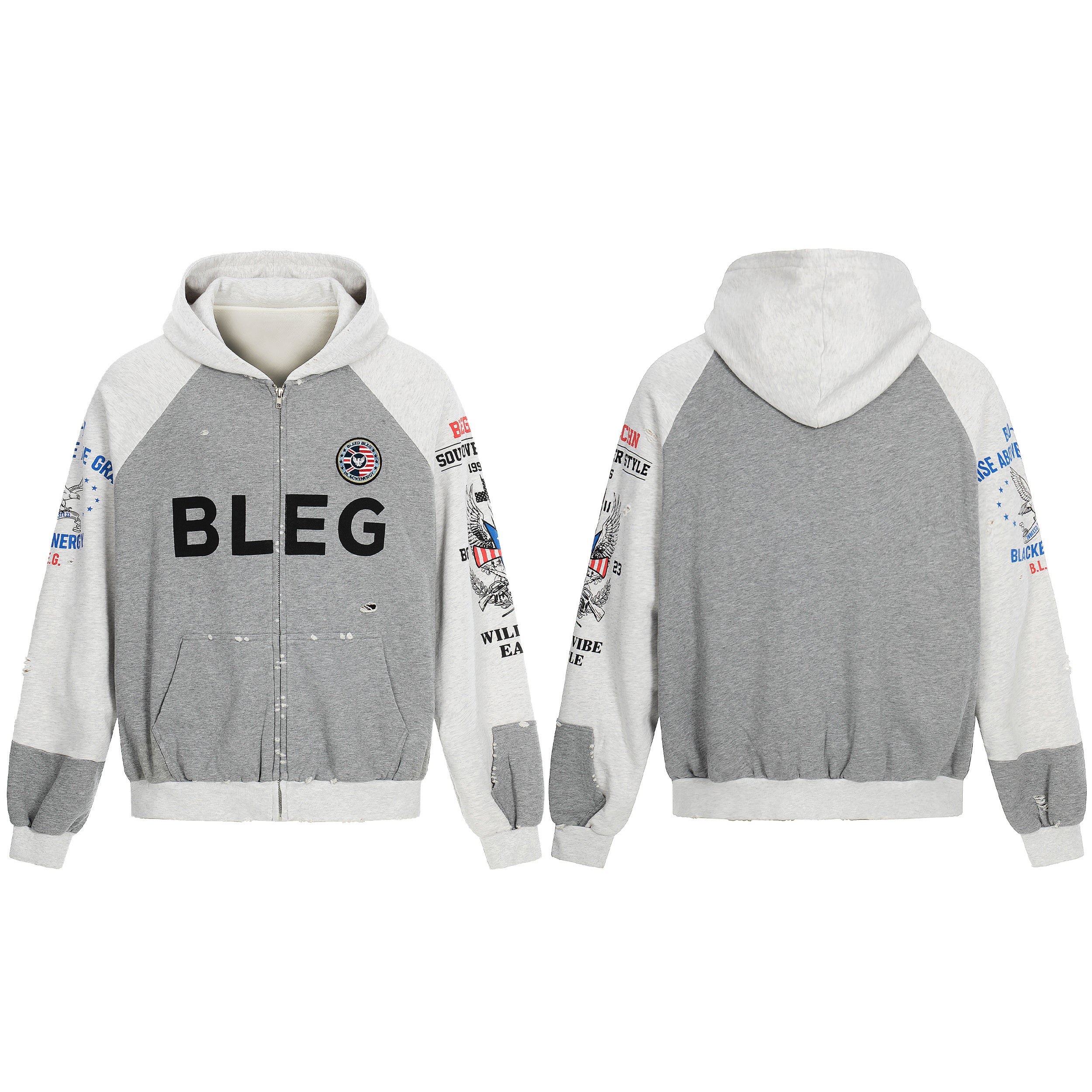 Front and back view of grey and white raglan zip-up hoodie with BLEG lettering and eagle sleeve graphics