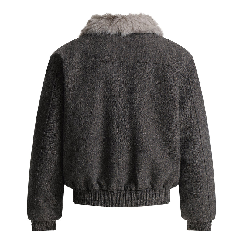 Faux-Fur Collar Wool-Texture Bomber Jacket | Omirad
