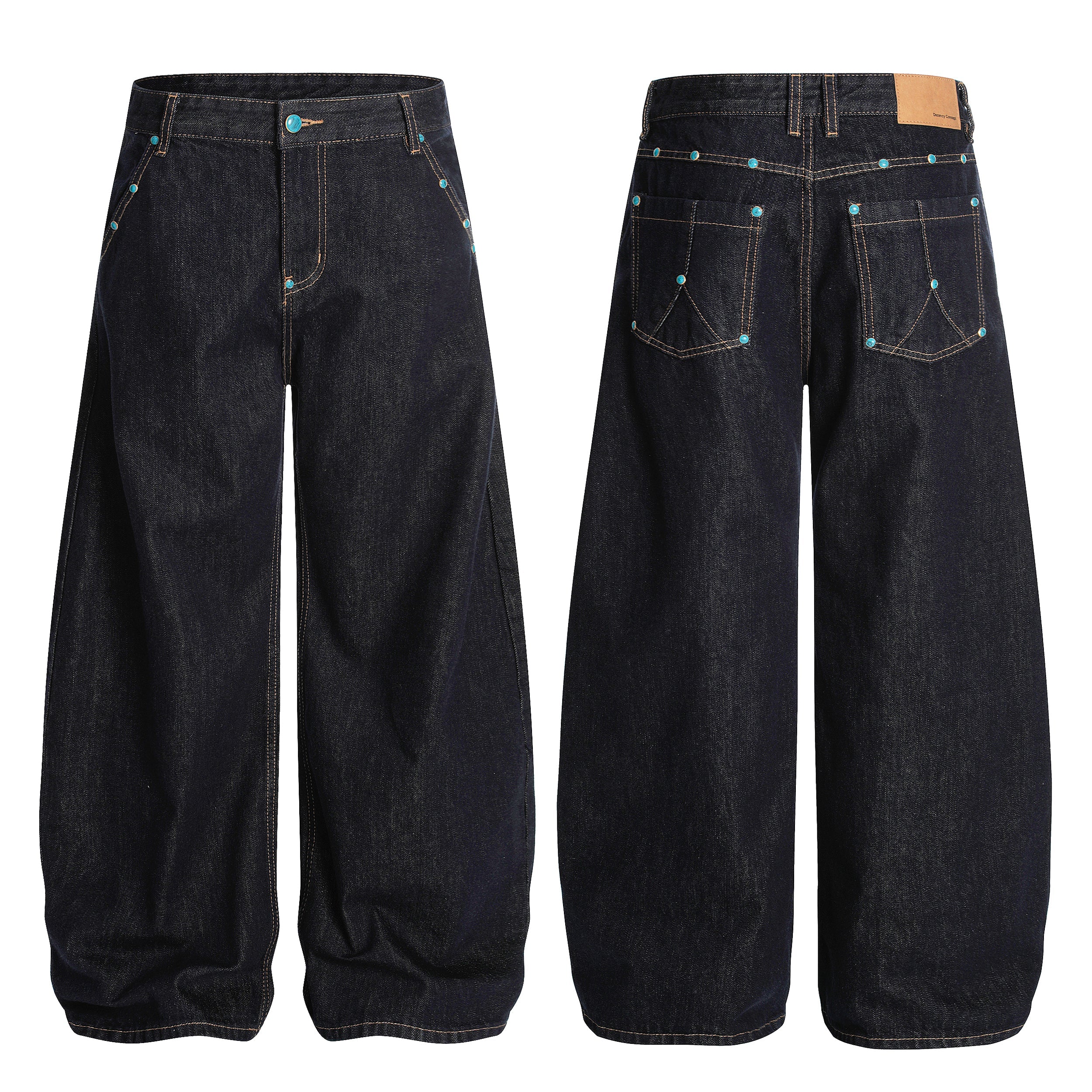 Front and back view of dark indigo wide-leg jeans with turquoise stud accents and contrast stitching
