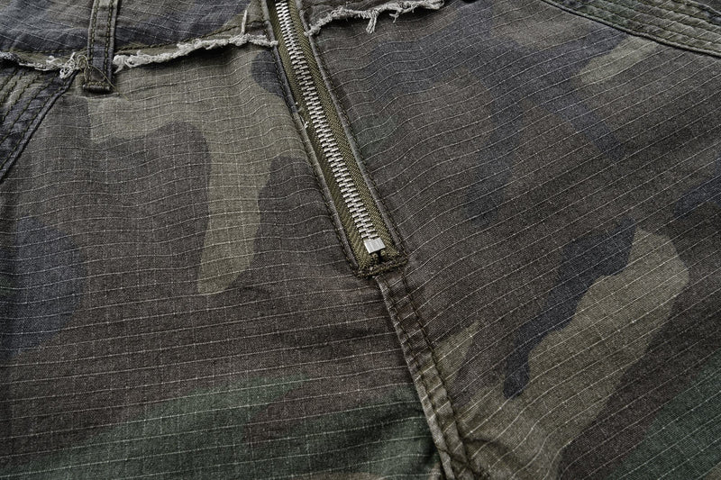 Close-up of the front zipper and camo ripstop texture on the shorts