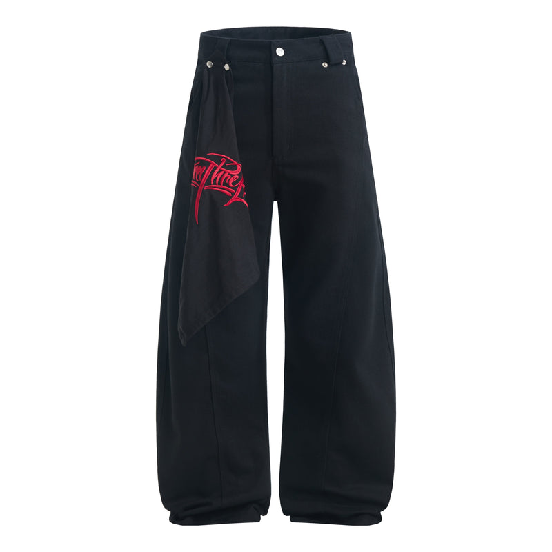 Wide-Leg Jeans with Red Embroidery & Side Drape | SEAKOFF