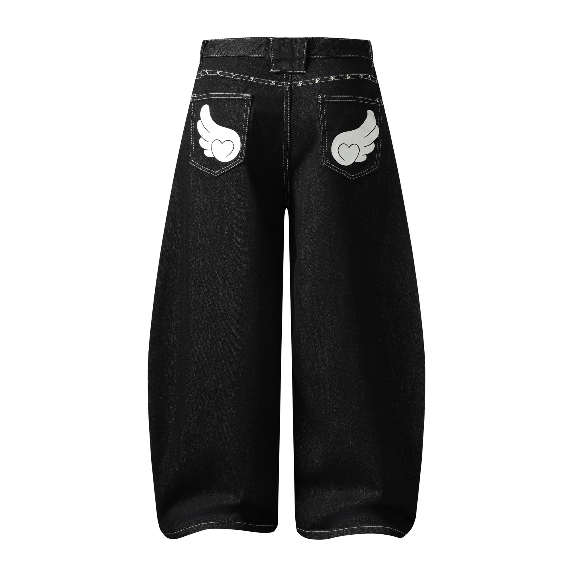 Angel Wing Wide-Leg Black Denim Jeans | Streetwear Barrel Fit