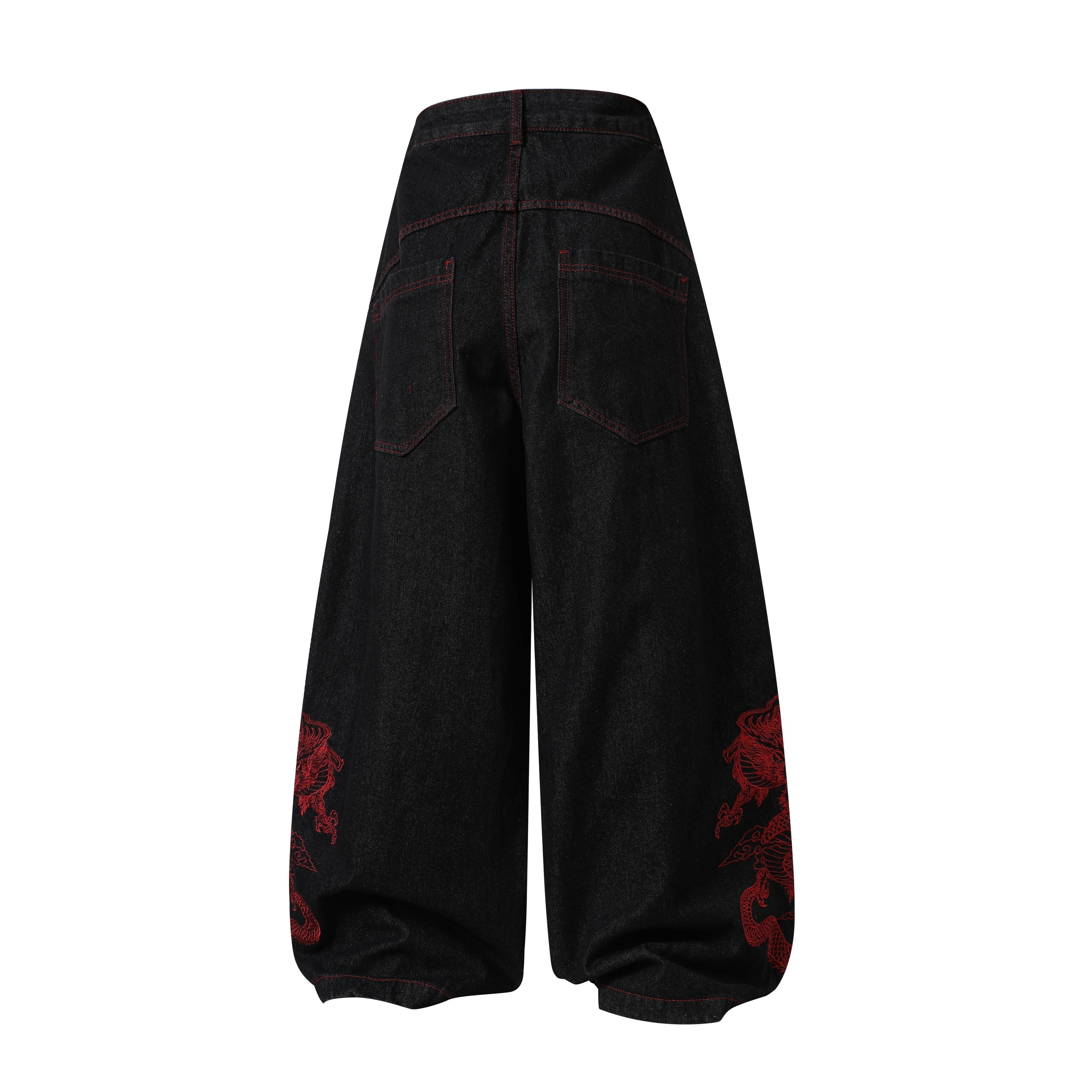 Dragon Embroidered Wide-Leg Black Denim Pants | Omirad
