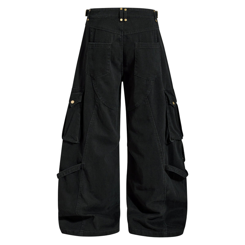 Back view of black wide-leg cargo pants with rear patch pockets and snap belt tabs